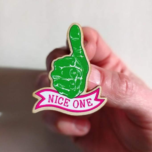 Nice One wooden pin badge image 0