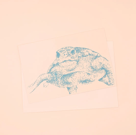 Turquoise Turtle A6 screen printed card on cream *SAMPLE*